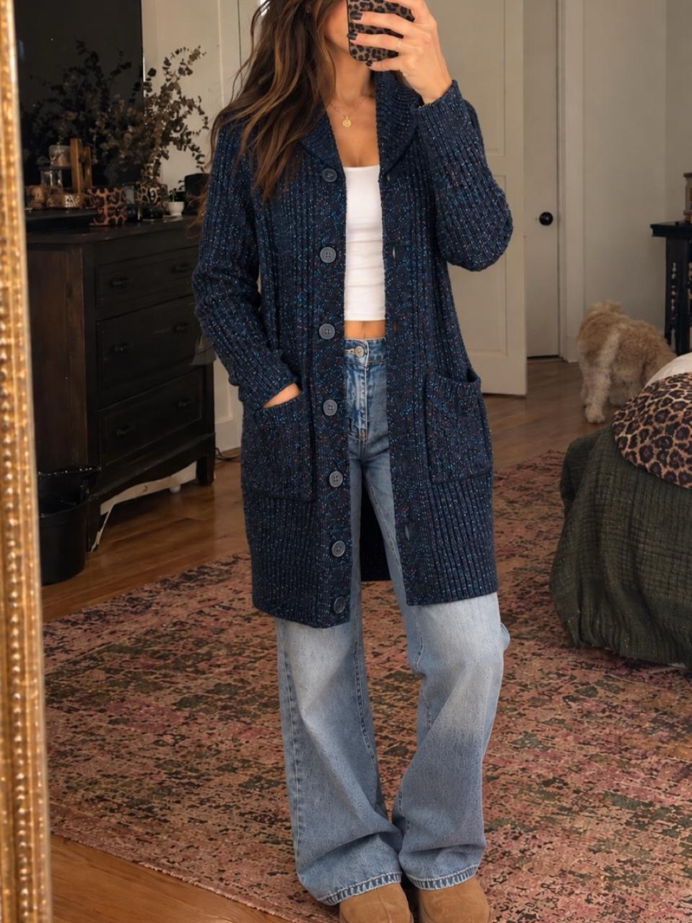 Cabi Trail Cardigan XS Navy Blue Flecked Longline Chunky Knit Sweater